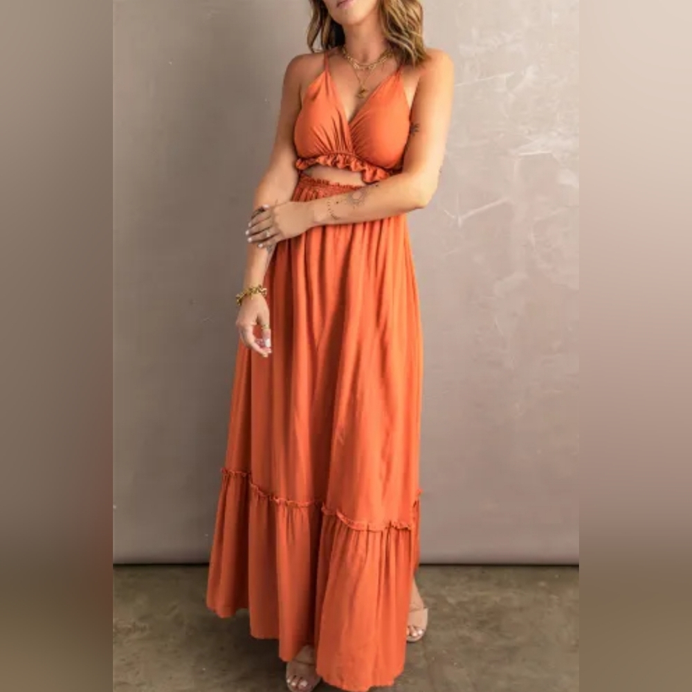 Orange boho ruffled cut out spaghetti strap maxi dress